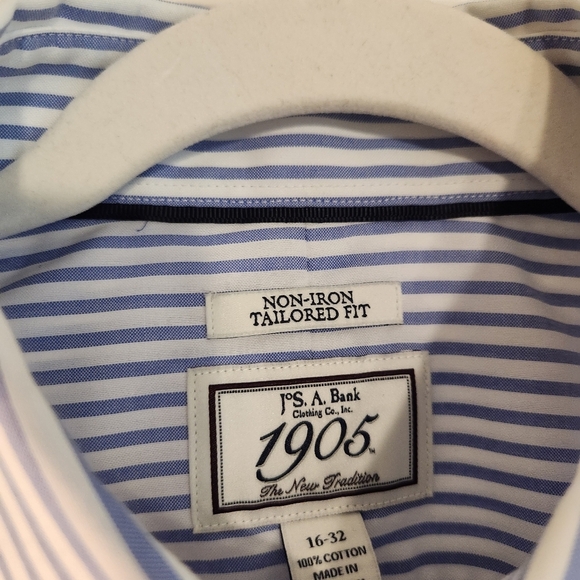 Jos A. Banks non iron tailored fit blue white stripe men's dress shirt 16 32 - Picture 5 of 6